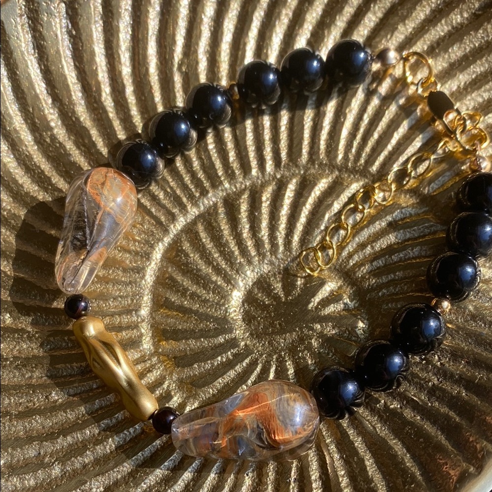 Handmade Onyx, Glass and Gold Beaded Bracelet